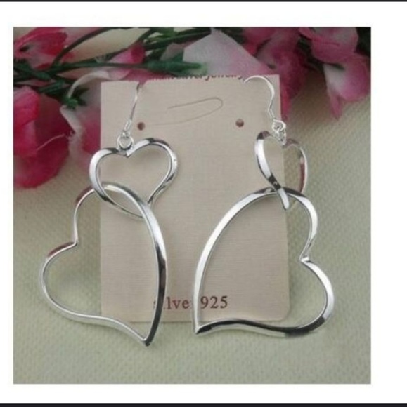 - Jewelry - 925 Sterling Silver Double Heart Dangle Earrings
